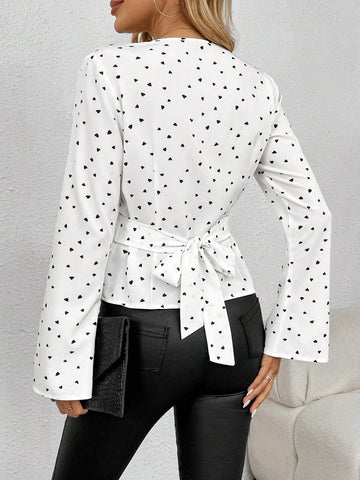 White Color Elegant Love Print Long Sleeve Wrap Blouse With Irregular Hem,Casual,Simple,Dating,Daily,Autumn And Winter New Women's Clothing