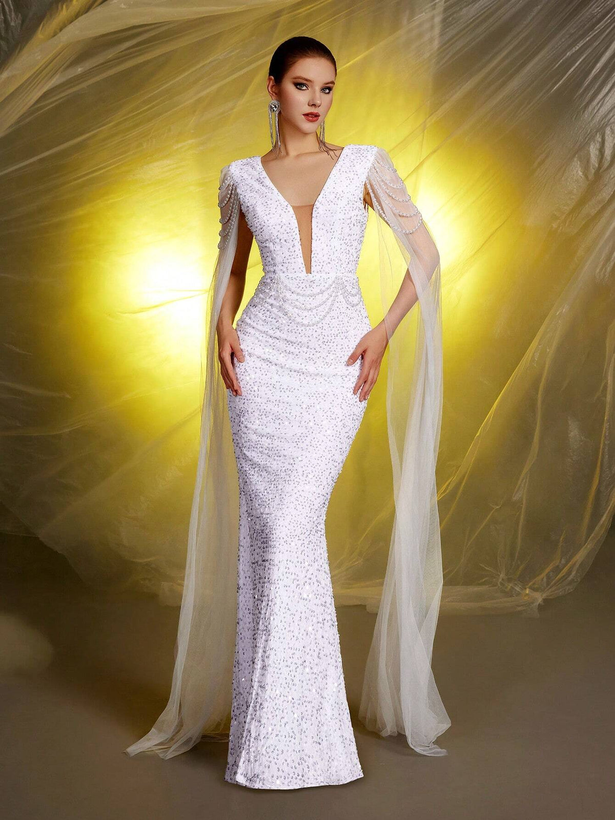 White Deep V-Neck Ultra Long Sleeve Sequin Wedding Dress Gown