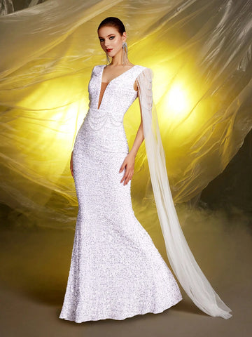 White Deep V-Neck Ultra Long Sleeve Sequin Wedding Dress Gown