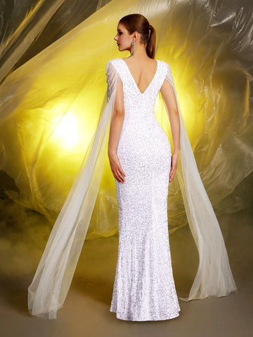 White Deep V-Neck Ultra Long Sleeve Sequin Wedding Dress Gown