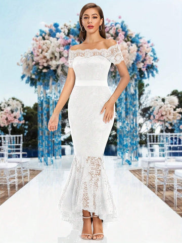 White Elegant Off-Shoulder Lace Bridal Shower Dress