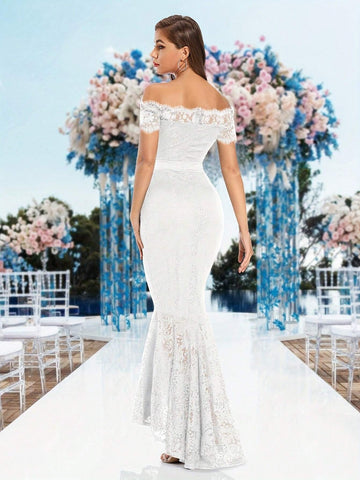 White Elegant Off-Shoulder Lace Bridal Shower Dress