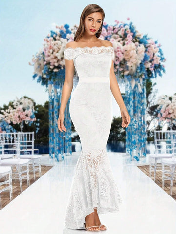 White Elegant Off-Shoulder Lace Bridal Shower Dress