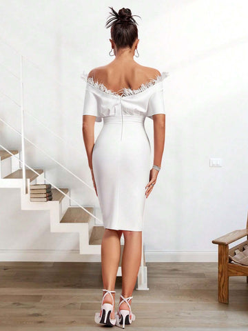 White Feather & Pleated One Shoulder V-Neck Bandage Wedding Guest Dress With Empire Waistline, Mid Length