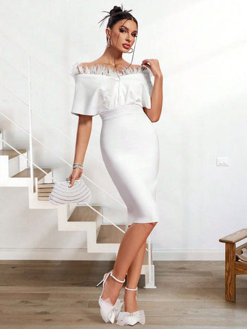 White Feather & Pleated One Shoulder V-Neck Bandage Wedding Guest Dress With Empire Waistline, Mid Length