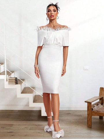 White Feather & Pleated One Shoulder V-Neck Bandage Wedding Guest Dress With Empire Waistline, Mid Length