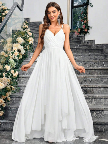 White High-Waisted Spaghetti Strap Train Bridal Gown
