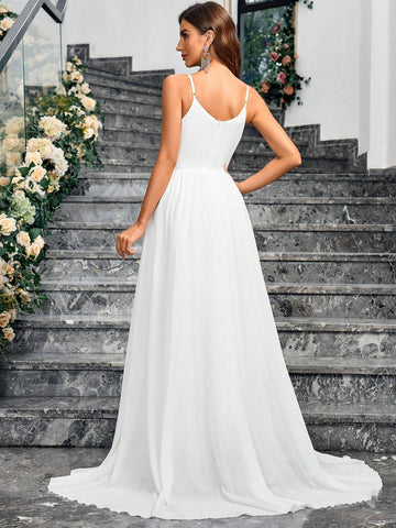 White High-Waisted Spaghetti Strap Train Bridal Gown