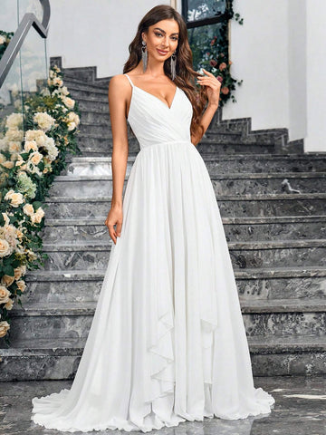 White High-Waisted Spaghetti Strap Train Bridal Gown