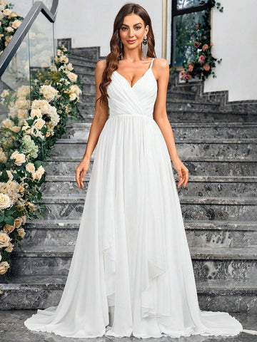 White High-Waisted Spaghetti Strap Train Bridal Gown