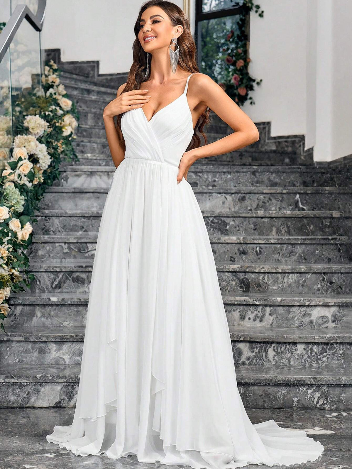 White High-Waisted Spaghetti Strap Train Bridal Gown