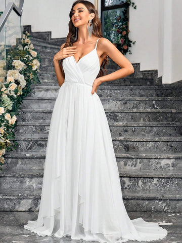 White High-Waisted Spaghetti Strap Train Bridal Gown