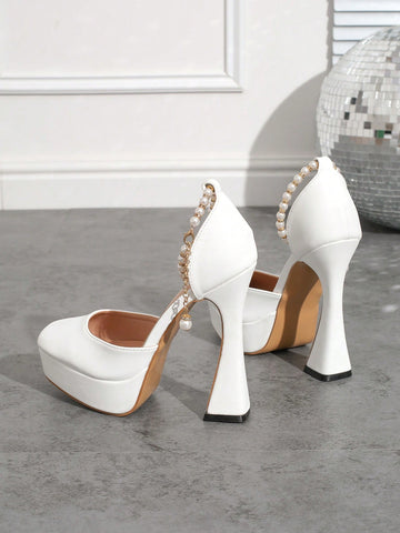 White High Heels Pumps Pearl Decor Peep Toe Versatile Women Shoes, Square Toe Chunky Heel