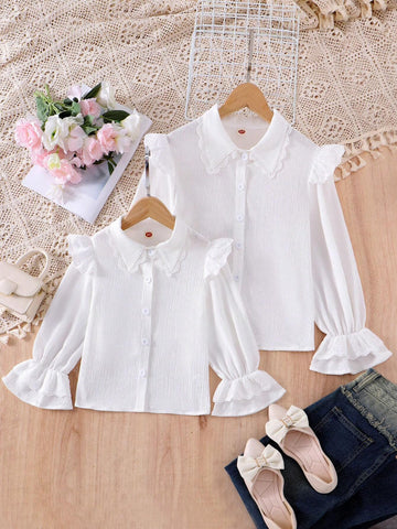 White Lace Lovely Sweet Striped Flare Sleeve Casual Long Sleeve Blouse For Young Girl, Fall
