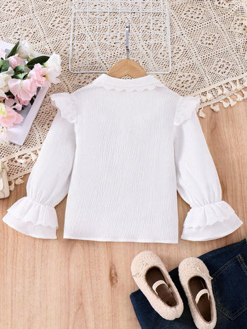 White Lace Lovely Sweet Striped Flare Sleeve Casual Long Sleeve Blouse For Young Girl, Fall
