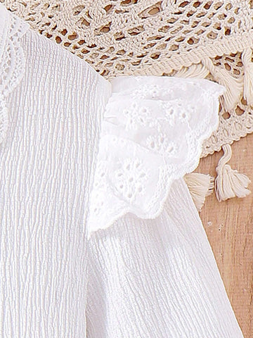 White Lace Lovely Sweet Striped Flare Sleeve Casual Long Sleeve Blouse For Young Girl, Fall