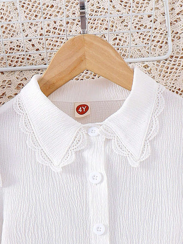 White Lace Lovely Sweet Striped Flare Sleeve Casual Long Sleeve Blouse For Young Girl, Fall