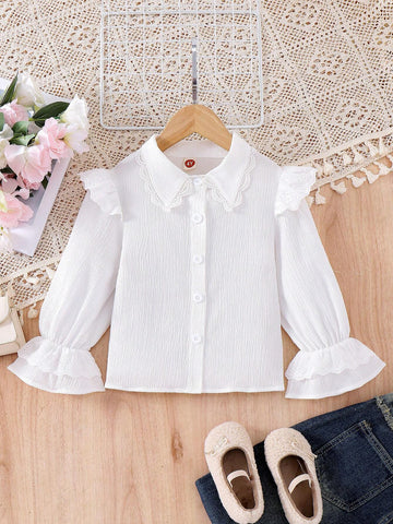 White Lace Lovely Sweet Striped Flare Sleeve Casual Long Sleeve Blouse For Young Girl, Fall