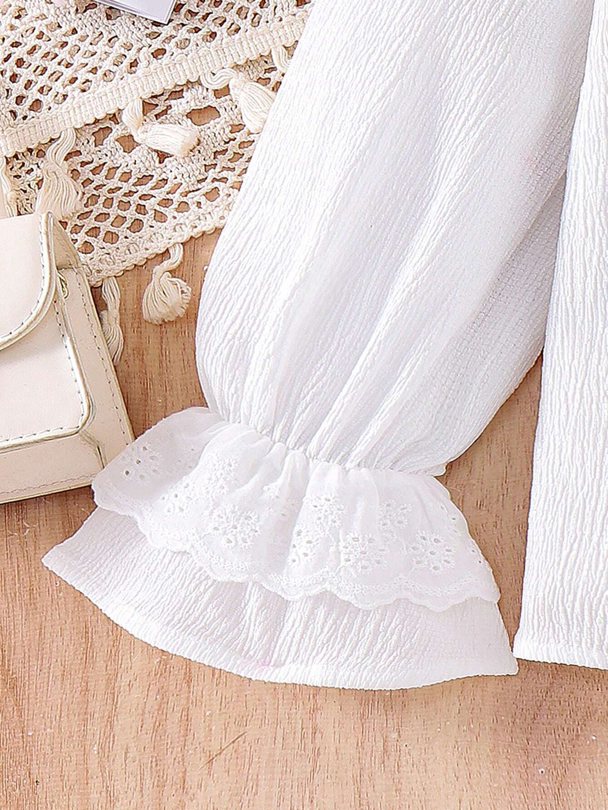 White Lace Lovely Sweet Striped Flare Sleeve Casual Long Sleeve Blouse For Young Girl, Fall