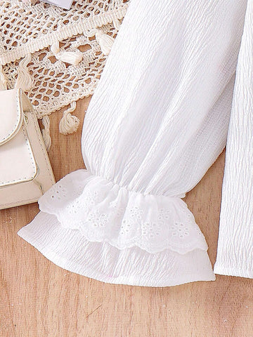 White Lace Lovely Sweet Striped Flare Sleeve Casual Long Sleeve Blouse For Young Girl, Fall