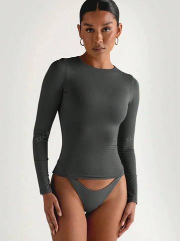 White Long Sleeve Basics T Shirt 2024 Spring Crew Neck Stretch Tight Casual Top