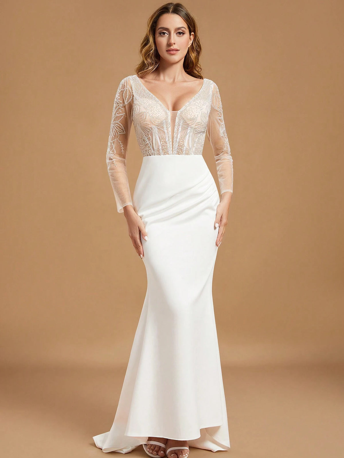 White Long Sleeve Fitted Mermaid Maxi Bridal Gown With Contrast Sequin Detail