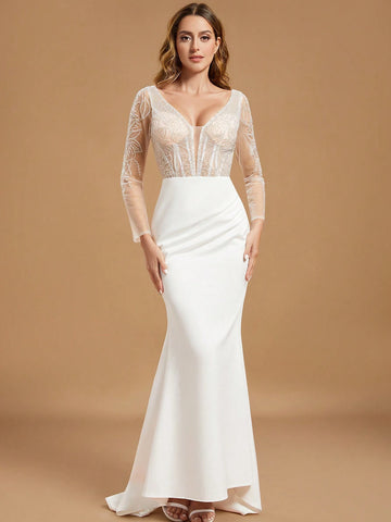 White Long Sleeve Fitted Mermaid Maxi Bridal Gown With Contrast Sequin Detail
