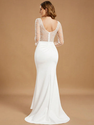 White Long Sleeve Fitted Mermaid Maxi Bridal Gown With Contrast Sequin Detail