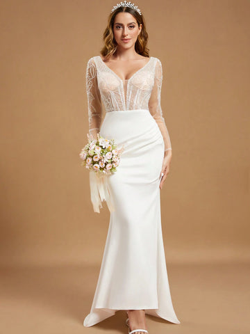 White Long Sleeve Fitted Mermaid Maxi Bridal Gown With Contrast Sequin Detail