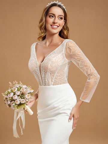 White Long Sleeve Fitted Mermaid Maxi Bridal Gown With Contrast Sequin Detail