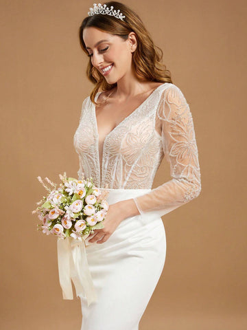 White Long Sleeve Fitted Mermaid Maxi Bridal Gown With Contrast Sequin Detail