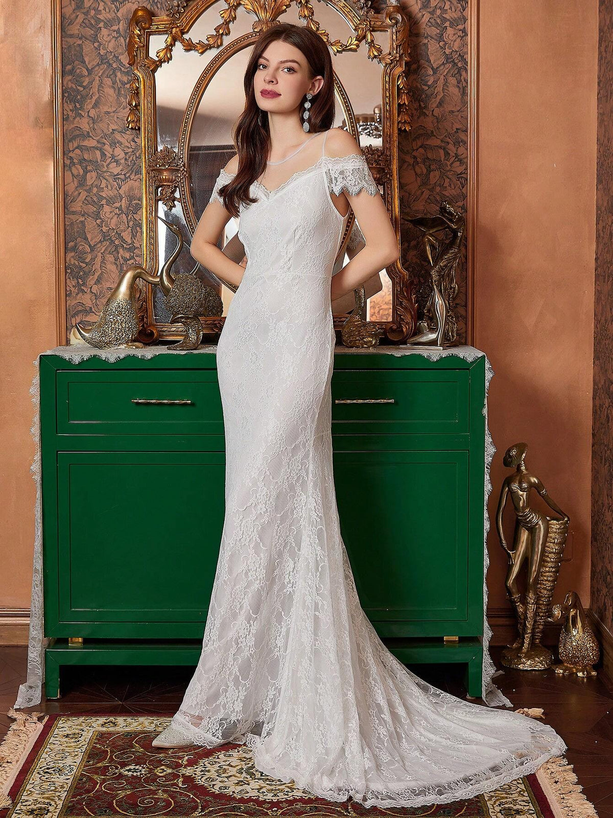 White Mesh Yoke & Lace Mermaid Wedding Dress