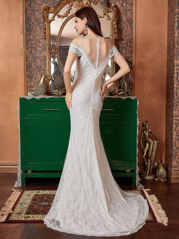 White Mesh Yoke & Lace Mermaid Wedding Dress