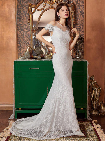White Mesh Yoke & Lace Mermaid Wedding Dress