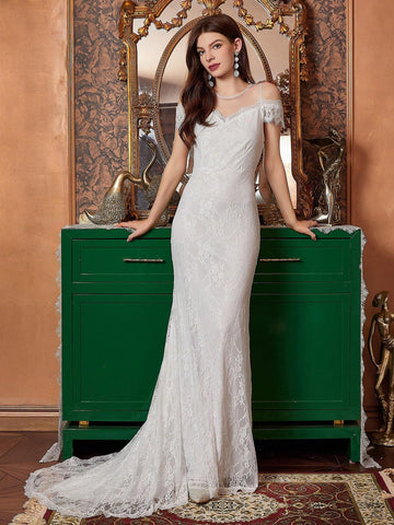 White Mesh Yoke & Lace Mermaid Wedding Dress