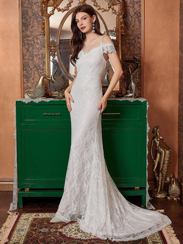 White Mesh Yoke & Lace Mermaid Wedding Dress