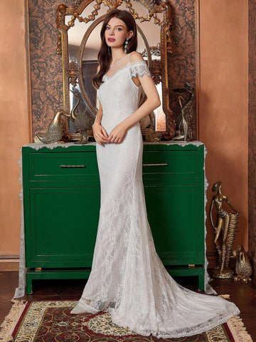 White Mesh Yoke & Lace Mermaid Wedding Dress