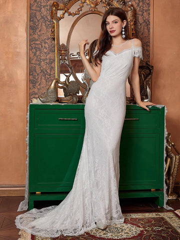 White Mesh Yoke & Lace Mermaid Wedding Dress