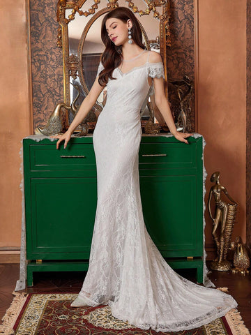 White Mesh Yoke & Lace Mermaid Wedding Dress