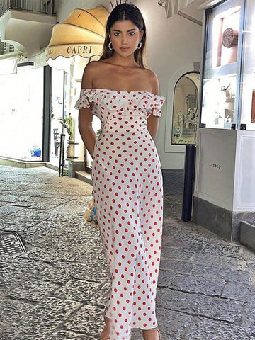 White Off Shoulder Ruffle Trim Polka Dot Print Sweet Vacation Style Women Dress