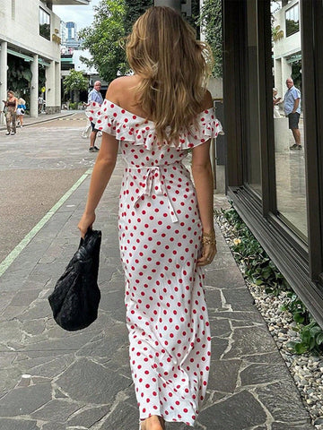White Off Shoulder Ruffle Trim Polka Dot Print Sweet Vacation Style Women Dress