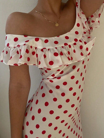 White Off Shoulder Ruffle Trim Polka Dot Print Sweet Vacation Style Women Dress