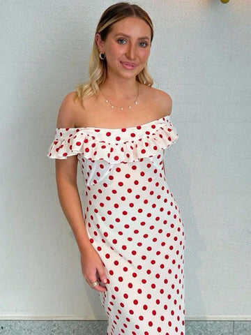 White Off Shoulder Ruffle Trim Polka Dot Print Sweet Vacation Style Women Dress