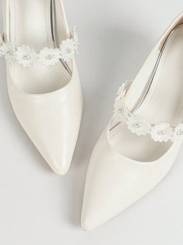White Pointed-Toe High Heel Women's Shoes With Faux Pearl & Bow Decor, Elegant