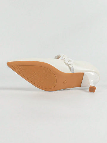 White Pointed-Toe High Heel Women's Shoes With Faux Pearl & Bow Decor, Elegant
