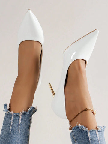 White Pointed Shiny Patent Leather Electroplating High-Heeled Shoes For Women's Formal Outfit, Elegant