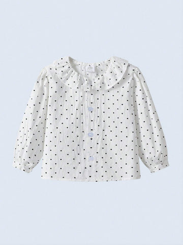 White Polka Dot Ruffle Collar Long Sleeve Blouse For Young Girls, Versatile & Comfortable, Suitable For Casual Outings