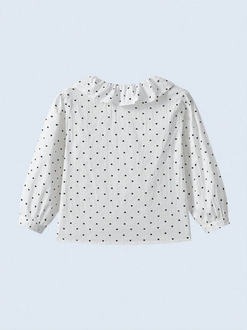 White Polka Dot Ruffle Collar Long Sleeve Blouse For Young Girls, Versatile & Comfortable, Suitable For Casual Outings