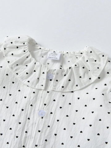 White Polka Dot Ruffle Collar Long Sleeve Blouse For Young Girls, Versatile & Comfortable, Suitable For Casual Outings