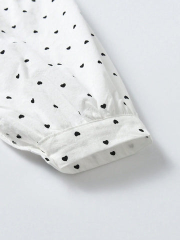 White Polka Dot Ruffle Collar Long Sleeve Blouse For Young Girls, Versatile & Comfortable, Suitable For Casual Outings